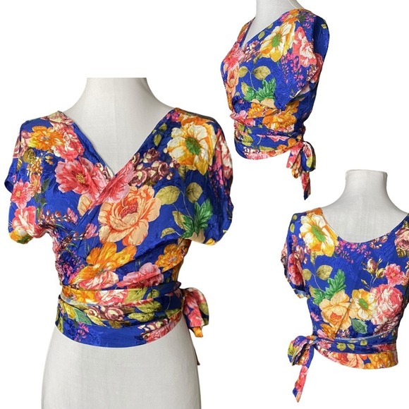Floral Cropped Wrap Top Womens S Blue Cottagecore Vibrant Coquette Retro Summer - Picture 1 of 9
